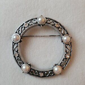 Vintage Anne Klein Silver Pearl Circle Brooch branded AK